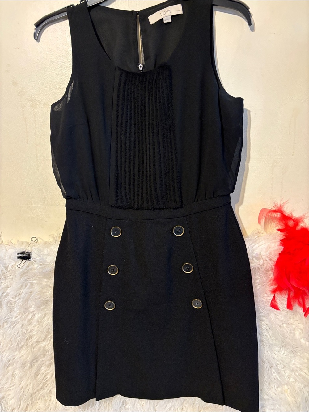 LOFT Black Sleeveless Pleated-Front Button-Detail Mini Dress
